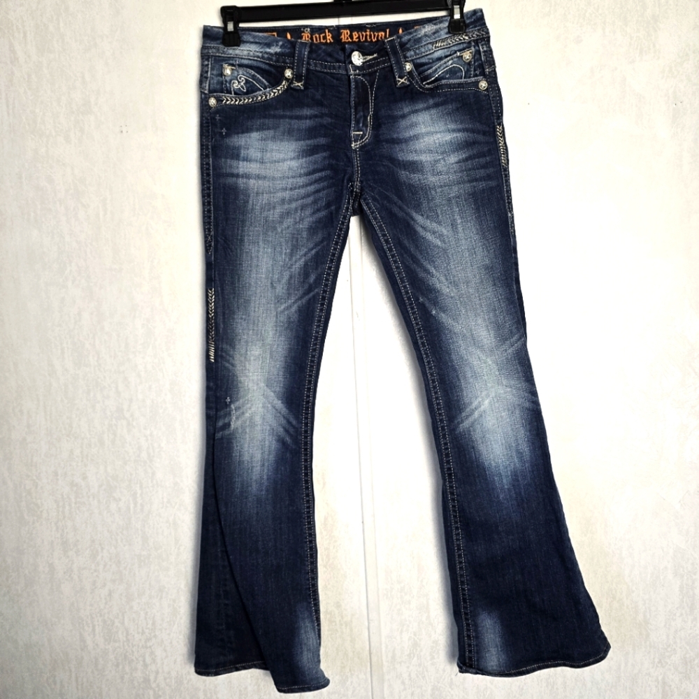 ROCK REVIVAL Sasha Flare Jeans 29 Low Rise Stretch Rhinestones Buckle Rodeo Zip